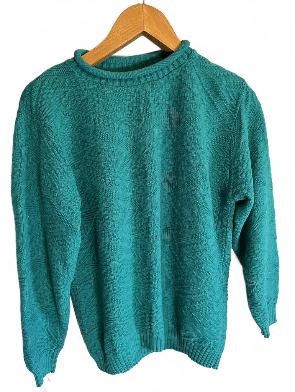 Vintage 90s Sweater M 100% Cotton USA Knit Abstract Teal Mock Neck